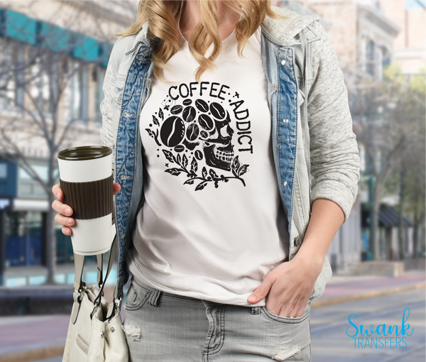 Coffee Addict Skull Screen Print Transfer RTS