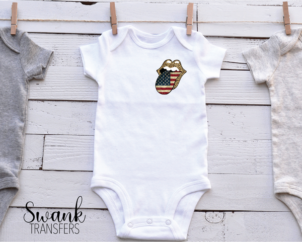 Leopard America Flag Tongue Left Chest, Koozie, Infant Full Color Screen Print Transfer RTS