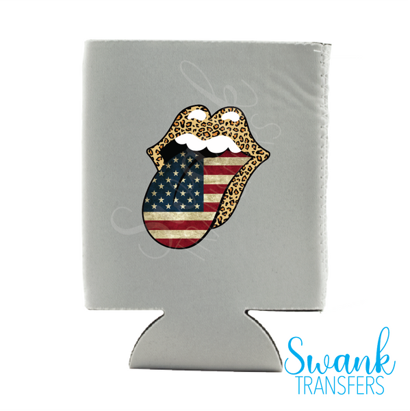 Leopard America Flag Tongue Left Chest, Koozie, Infant Full Color Screen Print Transfer RTS