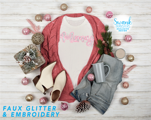 Faux Embroidered Glitter Merry **SWANK EXCLUSIVE DESIGN** INFANT-ADULT DTF (Direct To Film) Transfer