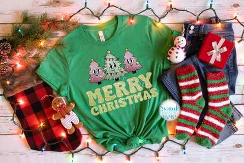 Pastel Pink & Green Trees FAUX GLITTER Merry Christmas INFANT-ADULT DTF (Direct To Film) Transfer