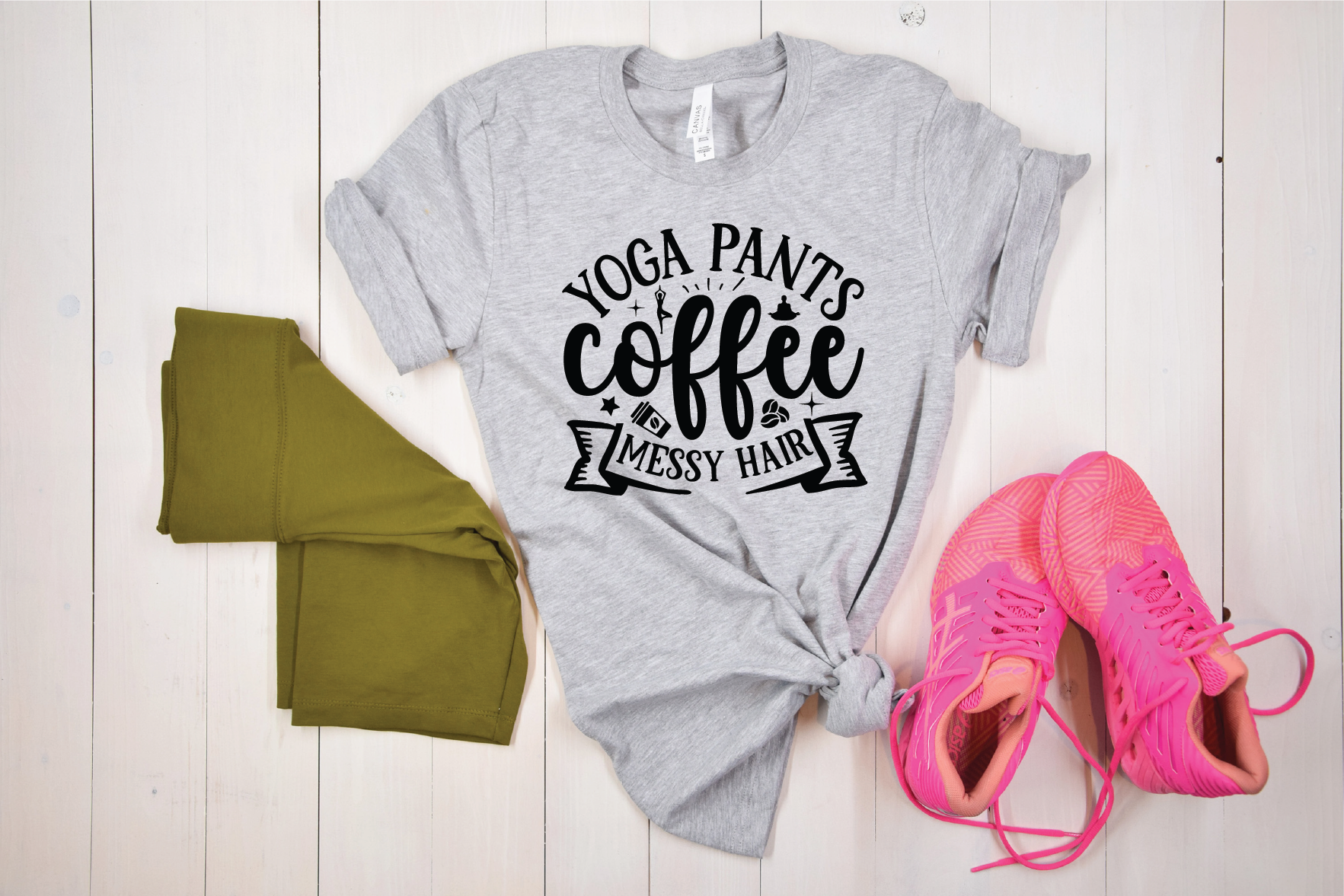 Yoga Pants, Coffee, Messy Hair Full Color DTF (Direct To Film) Transfer